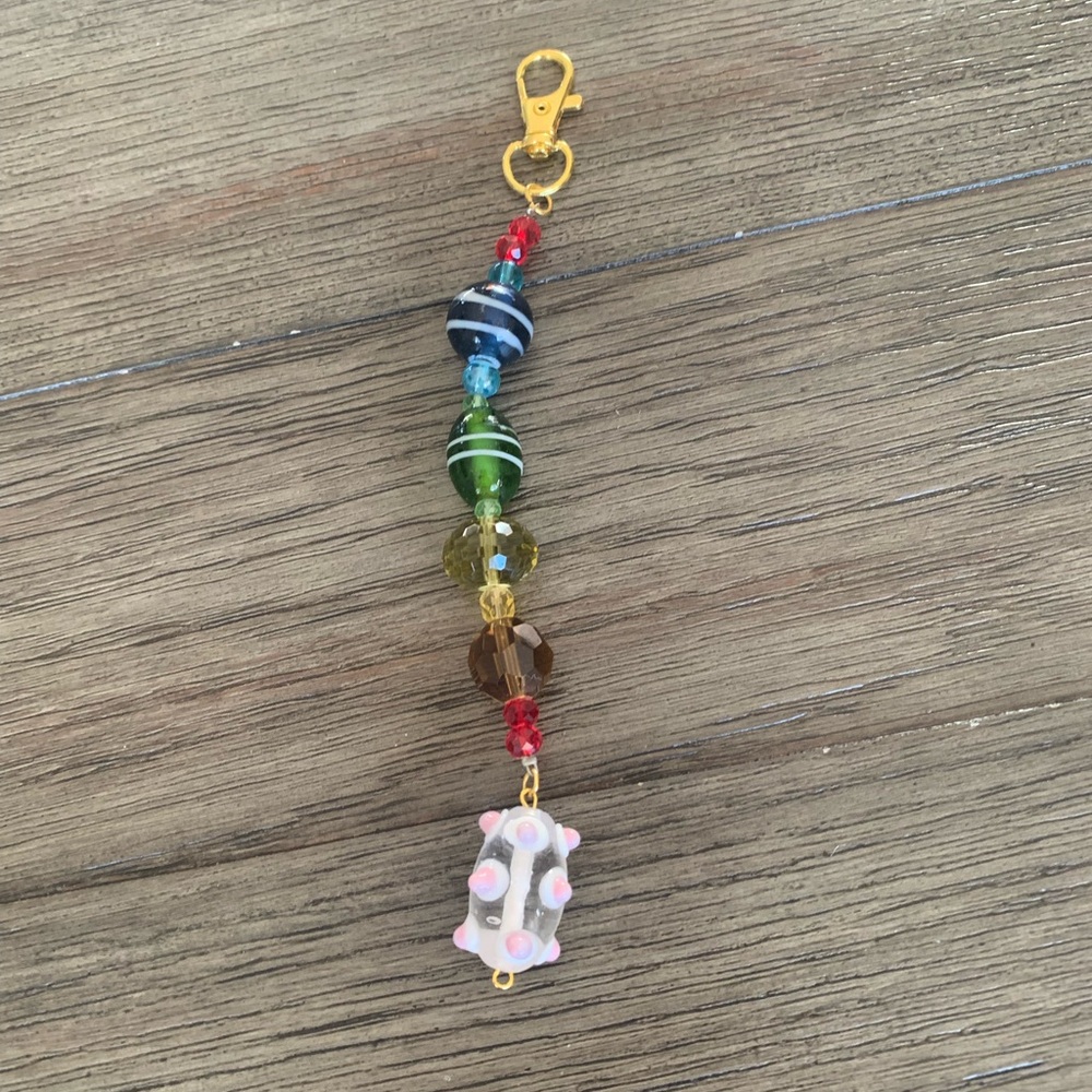 Colorful Beaded Keychain Bag Charm with Striped Glass Beads